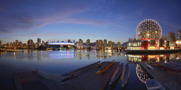 Vancouver Science World and BC Stadium at night