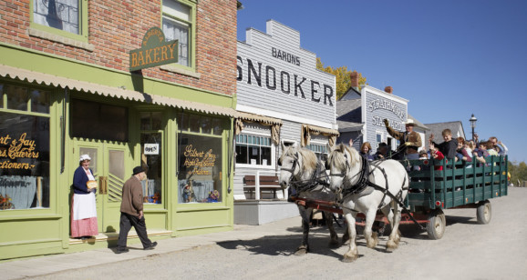 A horse-drawn wagon ride at the Heritage Park Historical Village in Calgary