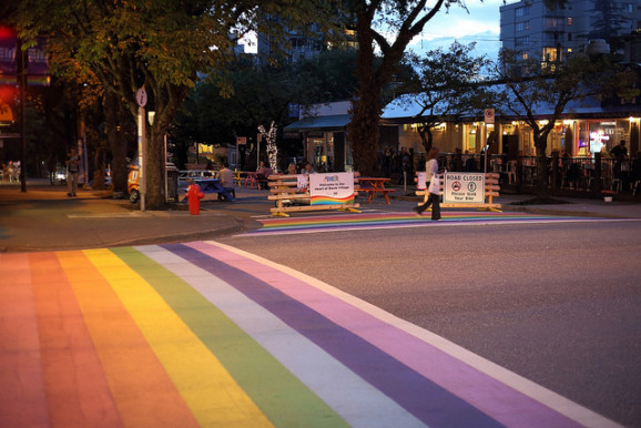 Rainbow painted crosswalk in Davie Village, Vancouver