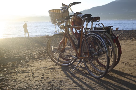 Bicycles parked up on a beach in Vancouver