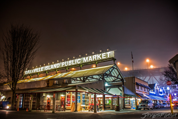 Granville Island Market lit up at night