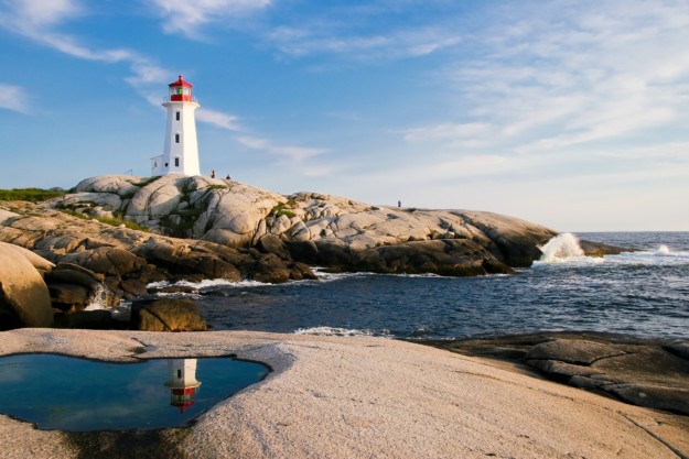 red and white lighthouse on the shores of the Atlantic