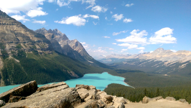 a view looking along the turquoise waters of Peyto Lake