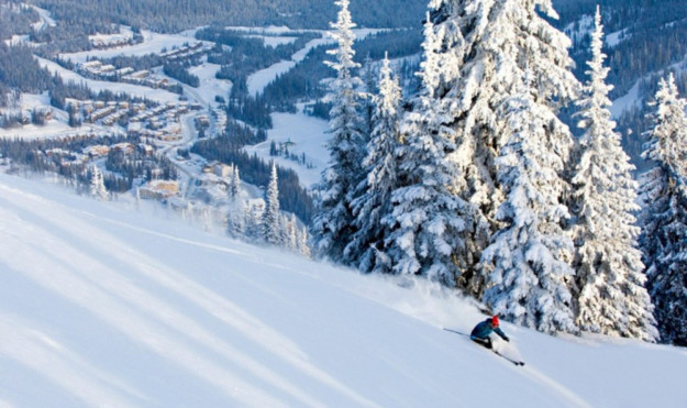 skier in blue jacket and red hat descends a ski slope at some speed