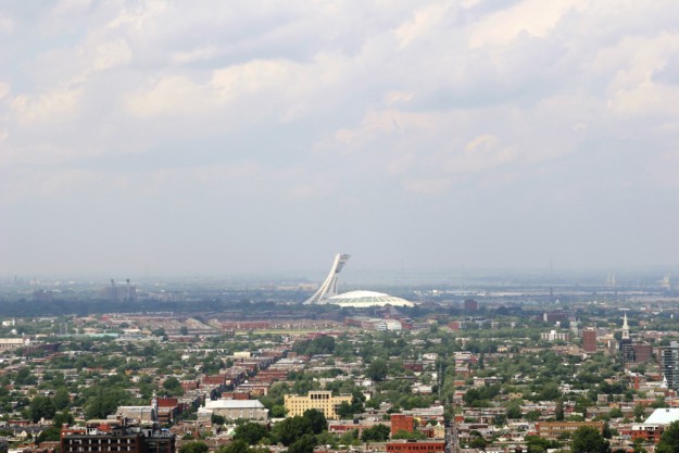 aerial view of Montreal with the biodome in the distance