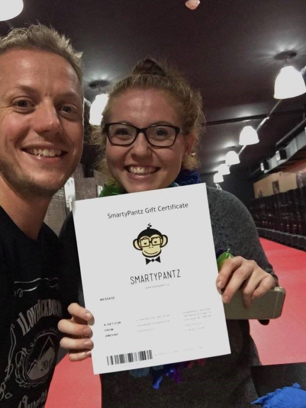 A couple who just completed the SmartyPantz Escape Room