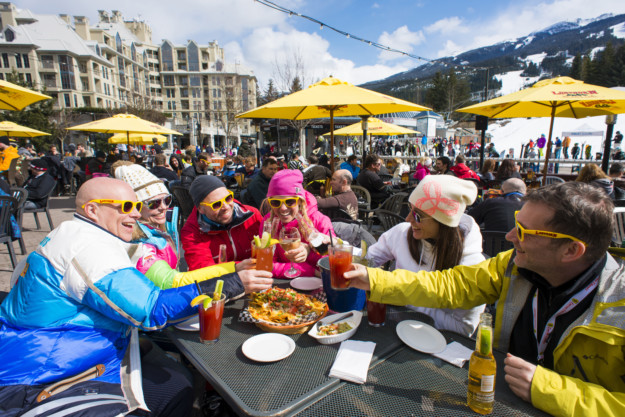 group of people in yellow sunglasses clinking glasses in an apres ski bar