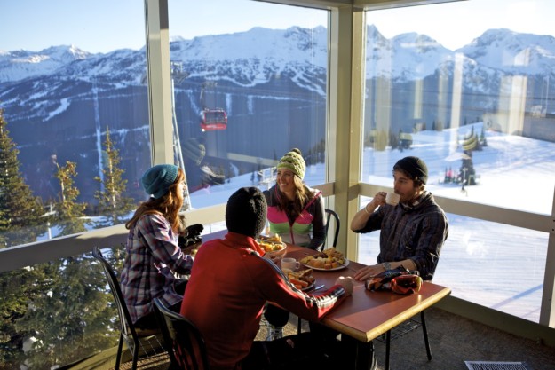 four people sharing food and drinking coffee in a mountain top restaurant with a view over the slopes