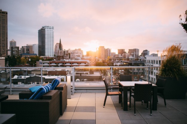 a roof terrace looking out over the city