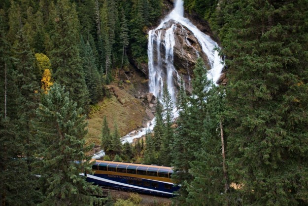 a train travels through a pine forest with a waterfall in the background