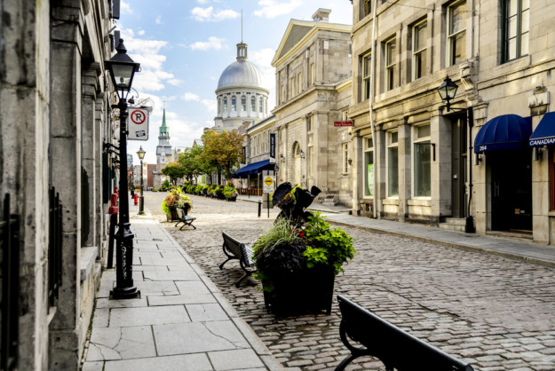 a view down the cobblestoned streets of old Montreal