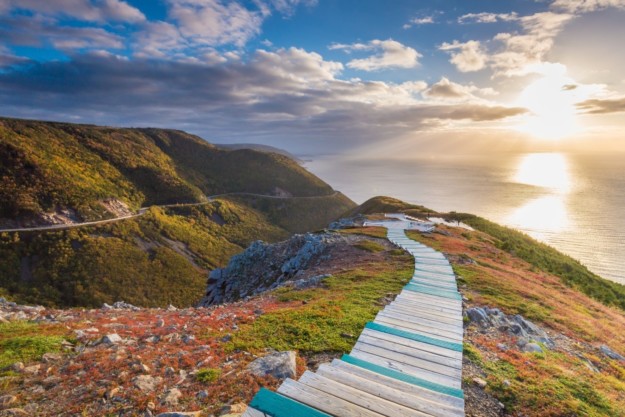a decked trail leads down a hillside towards the ocean and the sun in the background