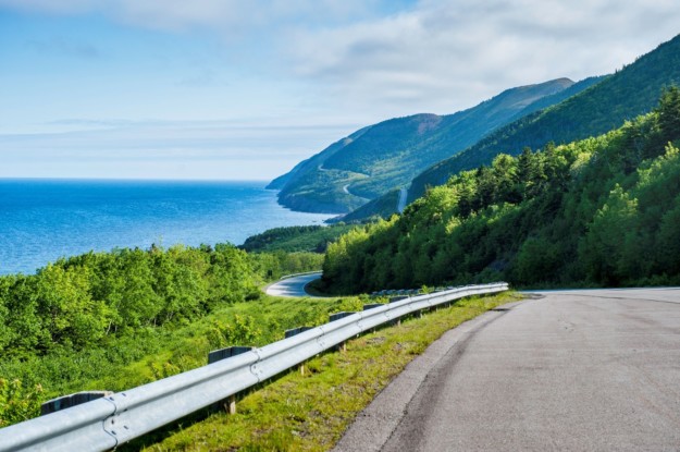 a road winds through luscious green forests with the blue ocean to the left