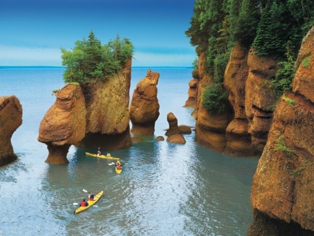 people in three yellow kayaks paddle around the Hopewell Rocks at high tide