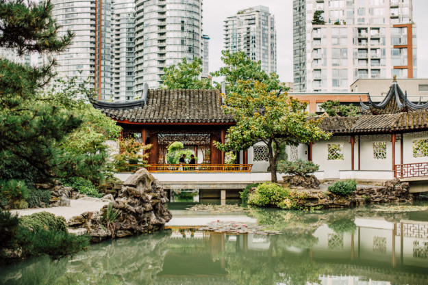 a Japanese garden with a pond in the foreground