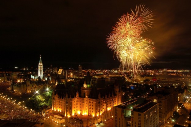 a firework display above the Ottawa skyline