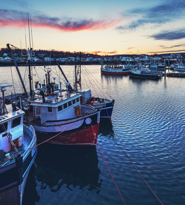 A tranquil harbor scene in Nova Scotia at sunset with multiple boats moored along the docks, featuring vibrant blue waters and a colorful sky with streaks of red and orange clouds.