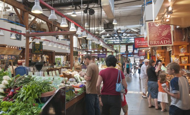 People shopping in a food market