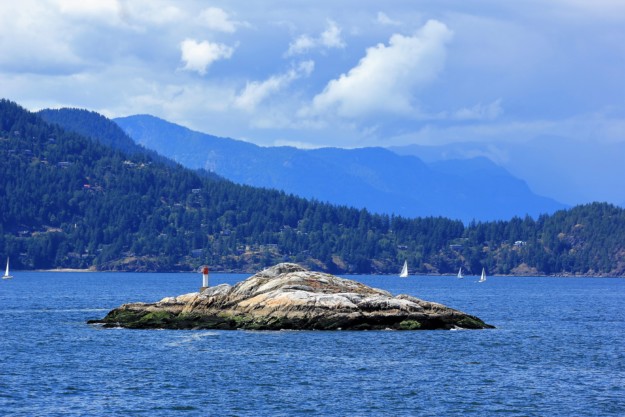 a large rock sits out at seas with a forest way in the background