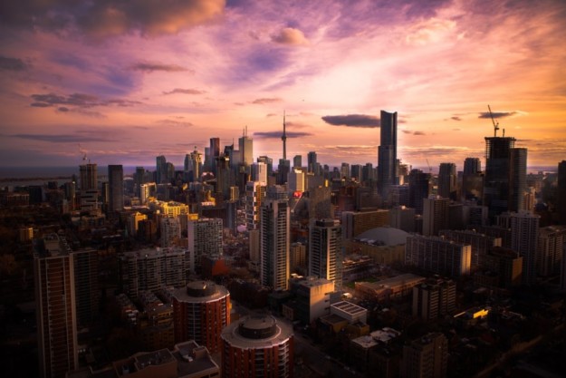 Toronto and sunset with the full city skyline in view