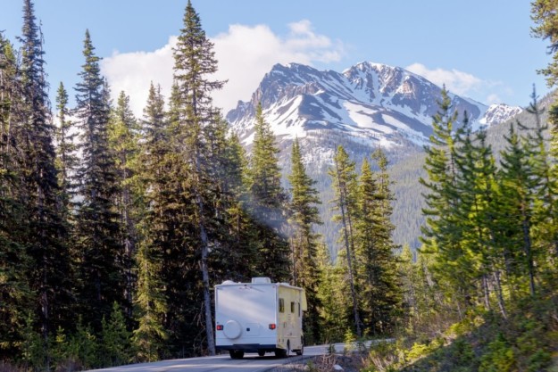 a motorhome drives through a forest with a snow-capped mountain in the background