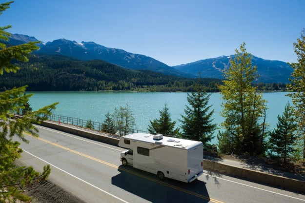 Motorhome driving along the Sea to Sky Highway, British Colombia