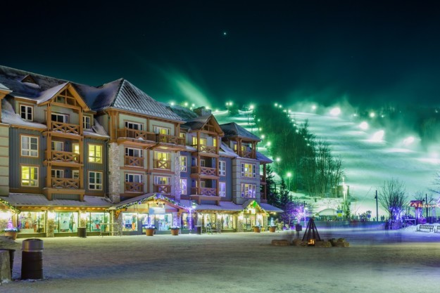 Blue Mountain village and ski slope lit up at night