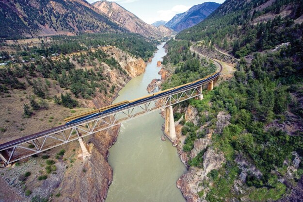 The Rocky Mountaineer train crosses the Fraser River