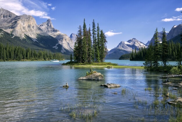 Spirit Island at Maligne Lake in the summer in Jasper National Park.
