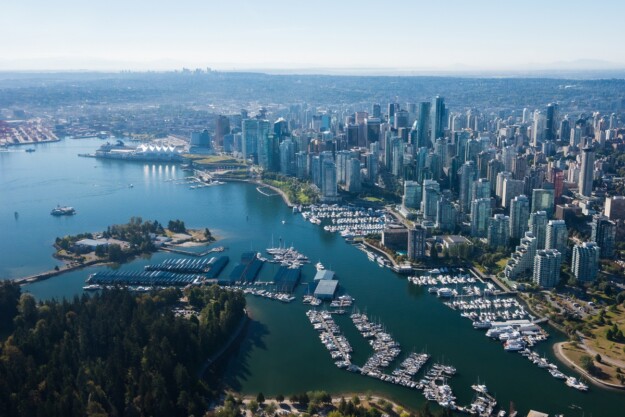 An aerial image of Vancouver and its waterfront