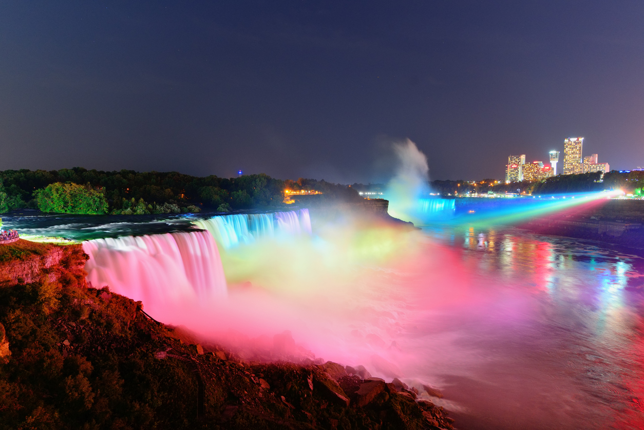 multi-coloured lights projected onto Niagara Falls