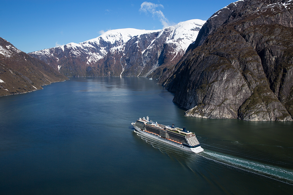 a cruise ship sails down a passage between mountains