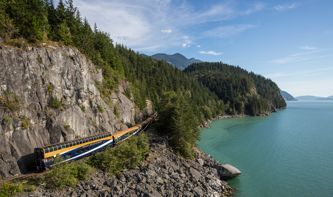 The Rocky Mountaineer travels along the coastline