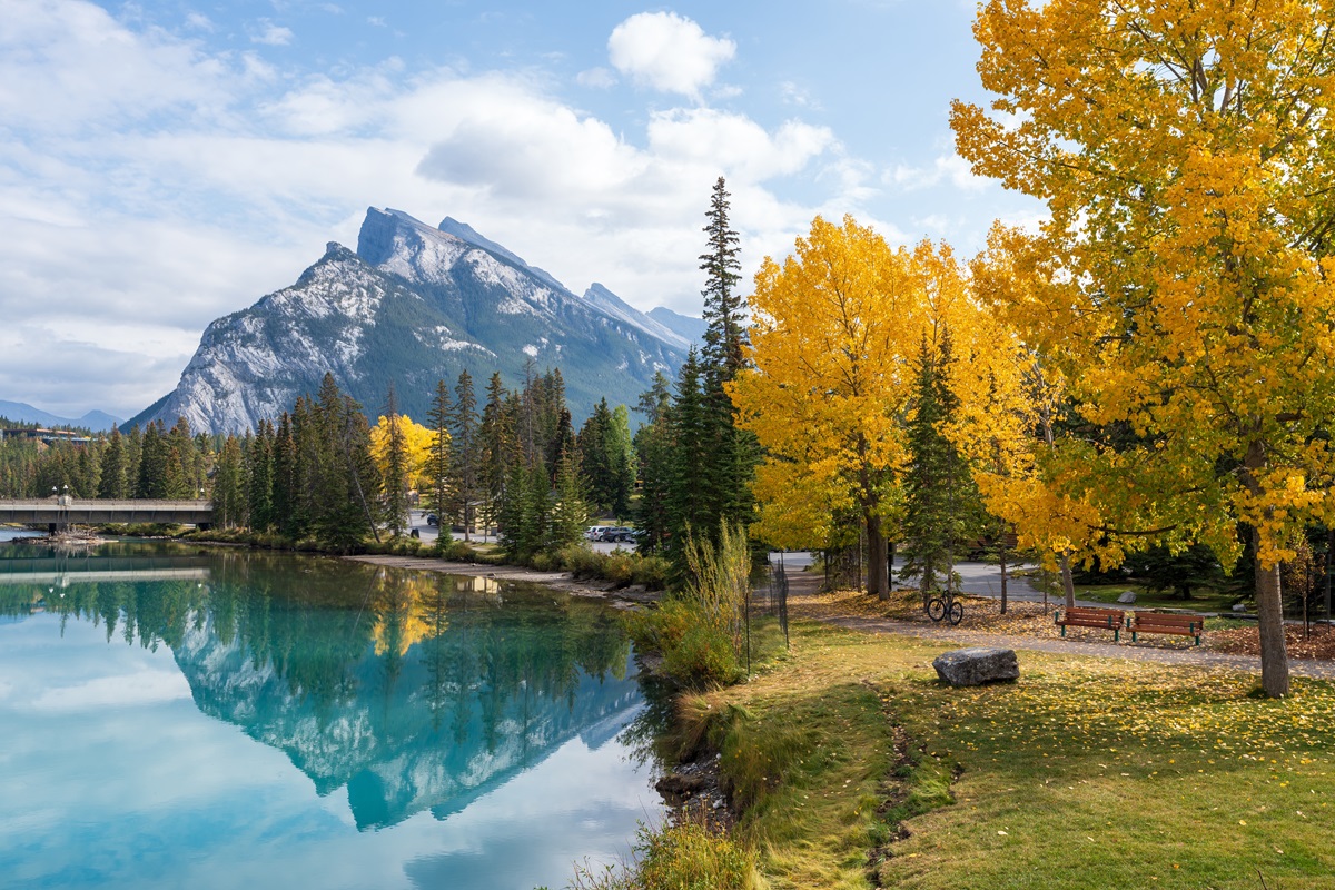 Banff Central Park Trail with mountains in the background
