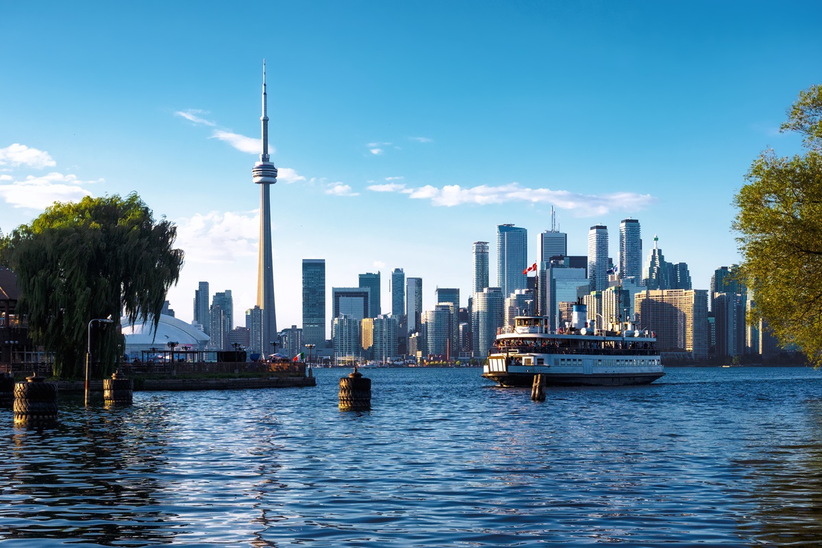 The Toronto Island Ferry with the cityscape in the background