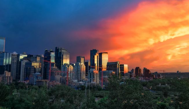 Sunrise glow over downtown Calgary