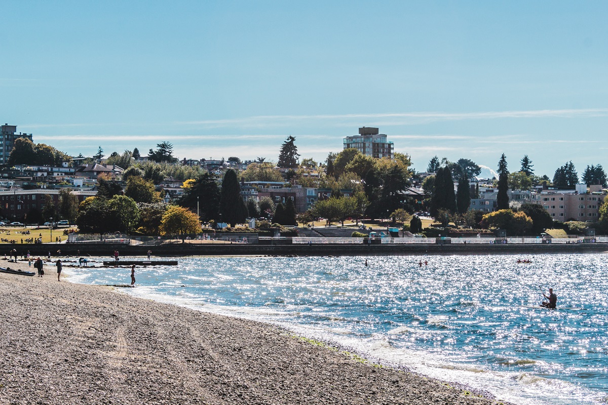 A close-up view of Kitsilano Beach and nearby houses