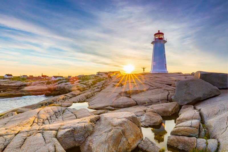 Sunset over a scenic coastline in Nova Scotia with a lighthouse, sunlight bursting through beside the lighthouse atop rocky terrain and a small village in the background.