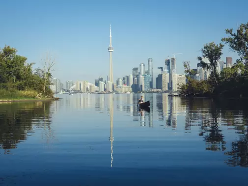The Toronto skyline, featuring the iconic CN Tower, in the background on a clear day.