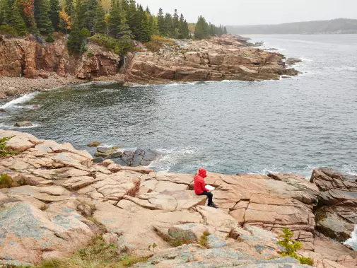 Enjoying the rocky coastline of Bal Harbor, gazing out to sea with forested cliffs extending into the distance.