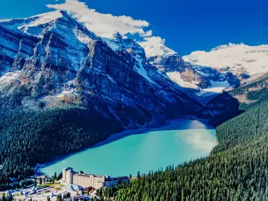 Aerial image of Lake Louise in Alberta